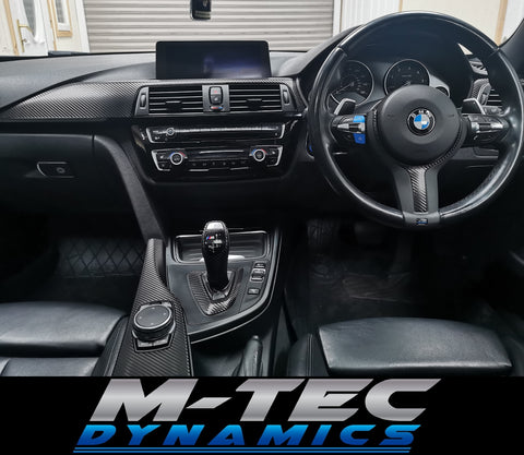 WRAPPING SERVICE - BMW F3X INTERIOR TRIM SET - DEEP TEXTURED GLOSSY CARBON (MTD-TEX) / GLOSS BLACK ACCENT & DOOR TRIMS - F30 F31 F32 F33 F36