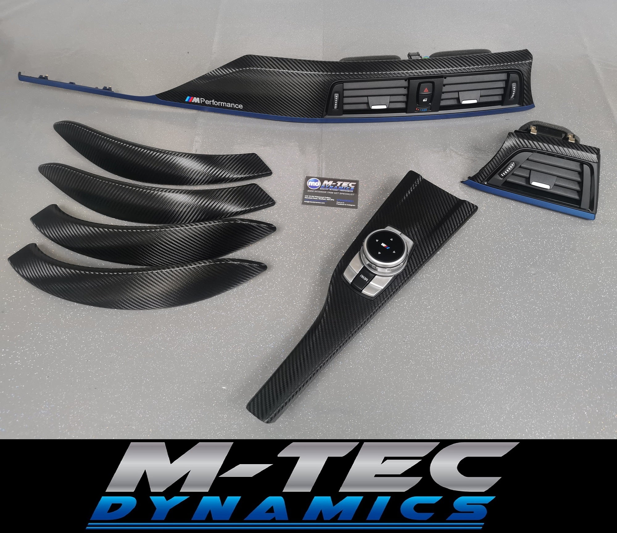 BMW F30 F80 M3 3-SERIES INTERIOR TRIM SET - DEEP TEXTURED GLOSSY CARBON / BLUE ACCENT (MTD-TEX)