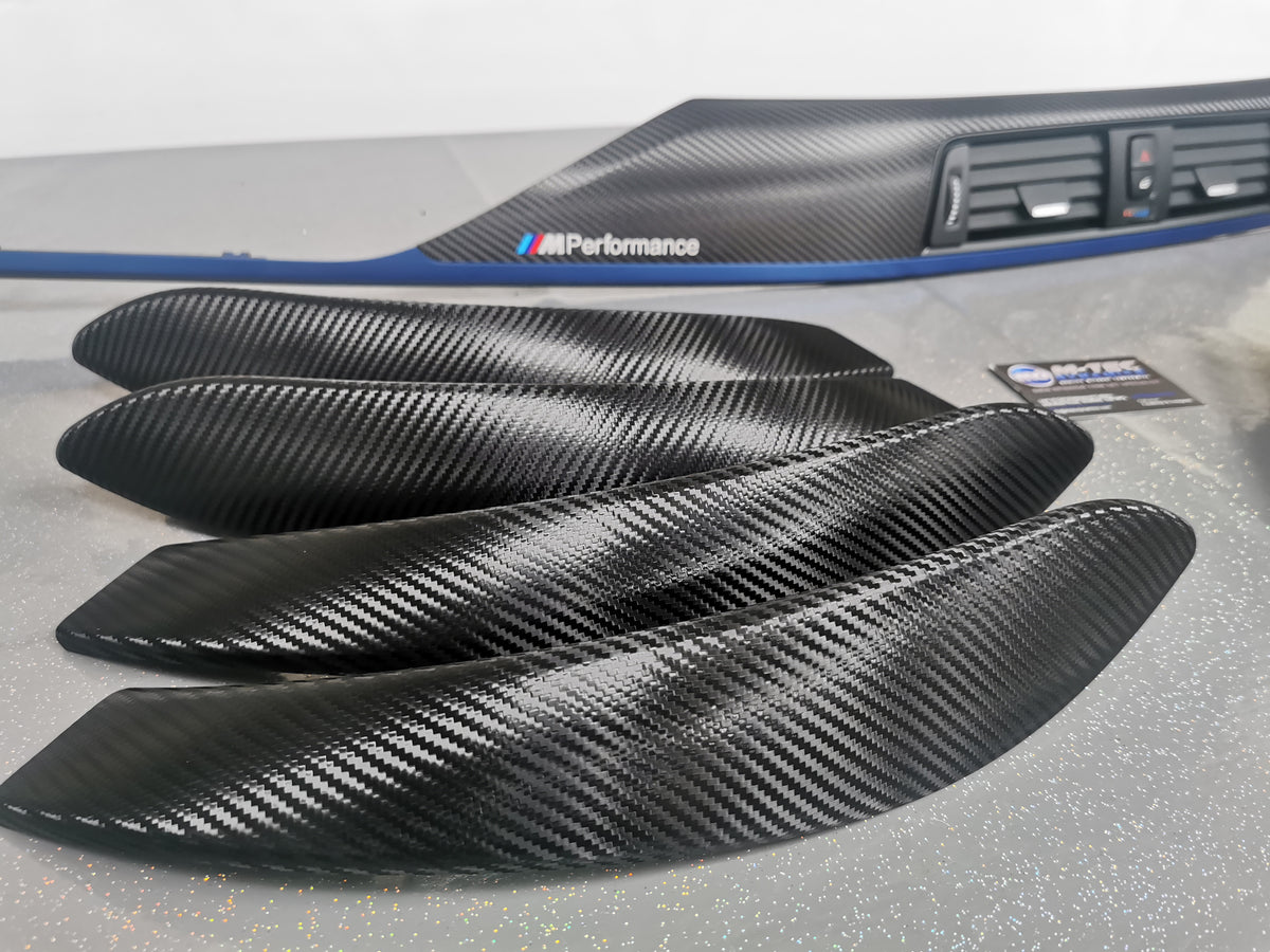 BMW F30 F31 F36 INTERIOR TRIM SET - TEXTURED GLOSSY CARBON / BLUE ACCENT