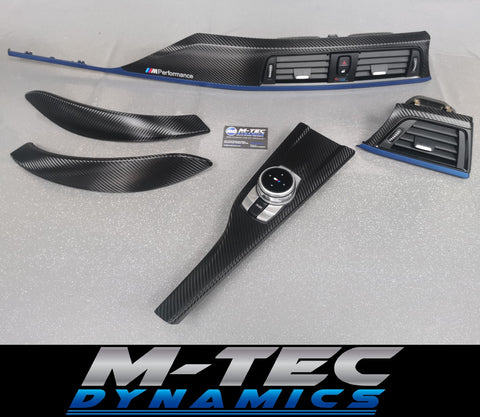 BMW F32 F82 4-SERIES COUPE INTERIOR TRIM SET - DEEP TEXTURED GLOSSY CARBON / BLUE ACCENT (MTD-TEX)