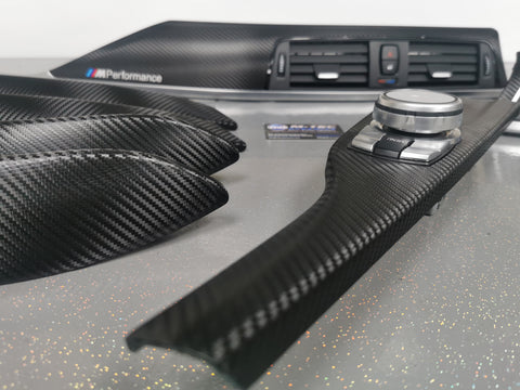 BMW F32 F82 4-SERIES COUPE INTERIOR TRIM SET - DEEP TEXTURED GLOSSY CARBON / SILVER ACCENT (MTD-TEX)