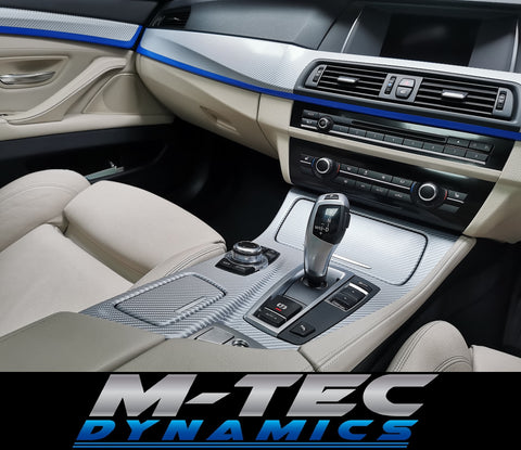 BMW F10 F11 M5 CUSTOM INTERIOR TRIM SET SERVICE - SILVER 4D CARBON / BLUE ACCENT