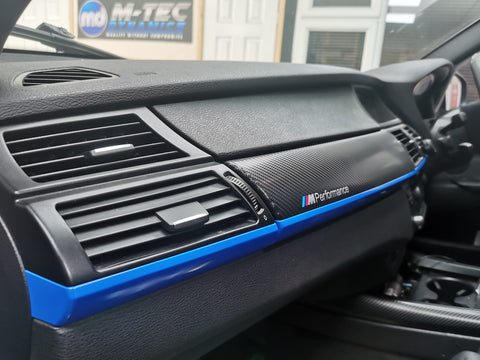 BMW X5 E70 / X6 E71 CUSTOM INTERIOR TRIM WRAPPING SERVICE - 4D CARBON / BLUE ACCENT