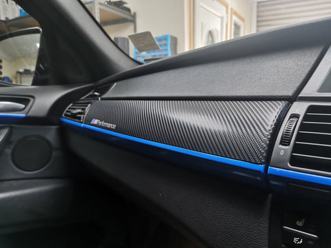 BMW X5 E70 / X6 E71 CUSTOM INTERIOR TRIM WRAPPING SERVICE - 4D CARBON / BLUE ACCENT