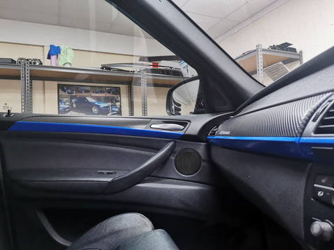 BMW X5 E70 / X6 E71 CUSTOM INTERIOR TRIM WRAPPING SERVICE - 4D CARBON / BLUE ACCENT