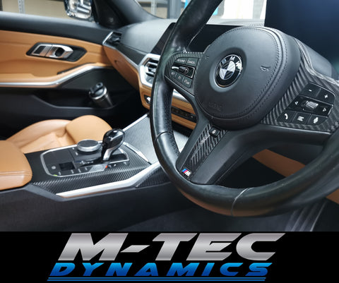 WRAPPING SERVICE - BMW G20 G21 INTERIOR TRIM SET INC. STEERING WHEEL TRIM - DEEP TEXTURED GLOSSY BLACK CARBON (MTD-TEX)