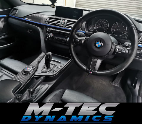 WRAPPING SERVICE - BMW F3X INTERIOR TRIM SET - DEEP TEXTURED GLOSSY CARBON / BLUE ACCENT (MTD-TEX) - F30 F31 F32 F33 F36