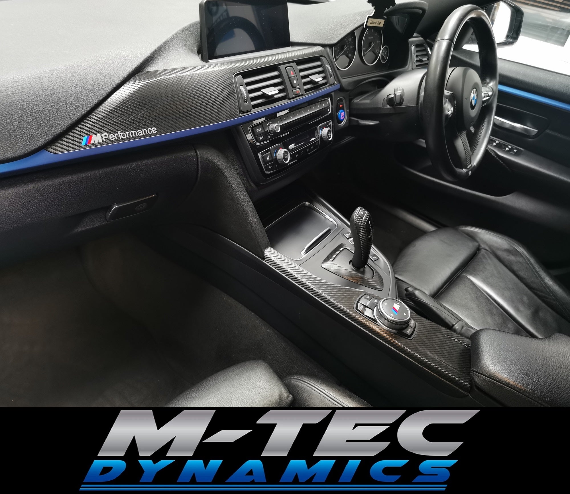 WRAPPING SERVICE - BMW F3X INTERIOR TRIM SET - DEEP TEXTURED GLOSSY CARBON / BLUE ACCENT (MTD-TEX) - F30 F31 F32 F33 F36