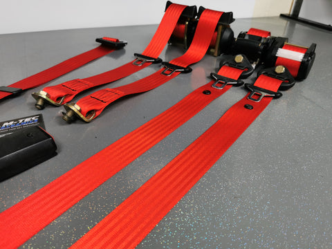 BMW E30 COUPE (INC M3) MOTORSPORT RED COMPLETE FRONT & REAR SEAT BELT SET