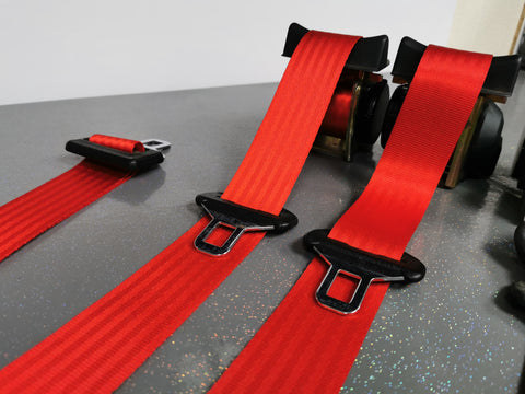 BMW E30 COUPE (INC M3) MOTORSPORT RED COMPLETE FRONT & REAR SEAT BELT SET