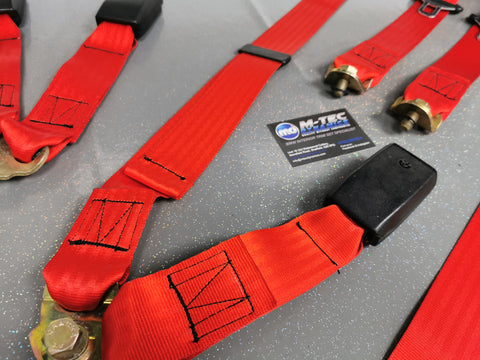 BMW E30 COUPE (INC M3) MOTORSPORT RED COMPLETE FRONT & REAR SEAT BELT SET