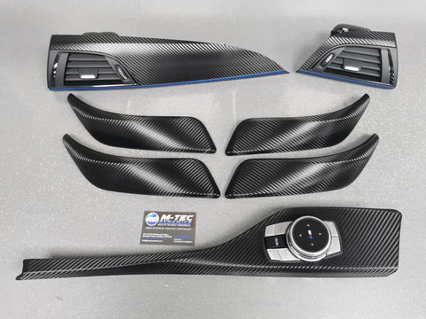 BMW F20 INTERIOR TRIM SET - DEEP TEXTURED GLOSSY CARBON / BLUE ACCENT (MTD-TEX)