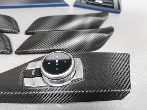 BMW F20 INTERIOR TRIM SET - DEEP TEXTURED GLOSSY CARBON / BLUE ACCENT (#19)