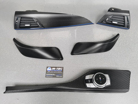 BMW F21 F22 INTERIOR TRIM SET - DEEP TEXTURED GLOSSY CARBON / BLUE ACCENT (MTD-TEX)