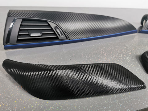 BMW F21 F22 INTERIOR TRIM SET - DEEP TEXTURED GLOSSY CARBON / BLUE ACCENT (MTD-TEX)