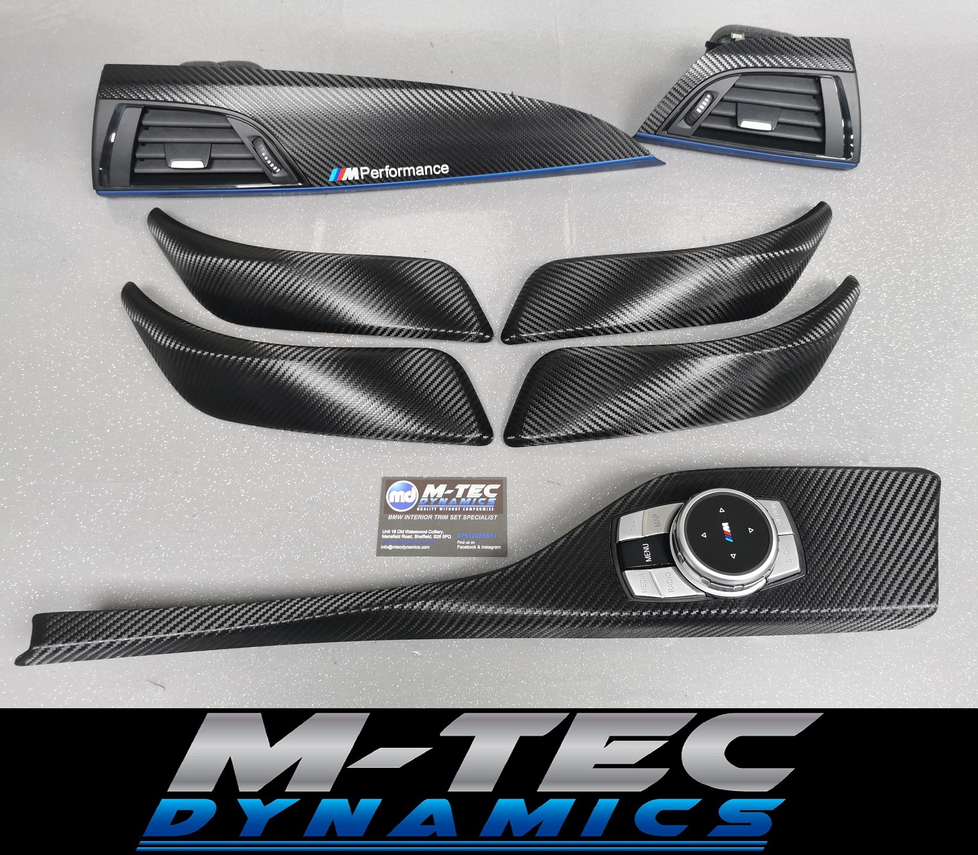 BMW F20 INTERIOR TRIM SET - DEEP TEXTURED GLOSSY CARBON / BLUE ACCENT (MTD-TEX)