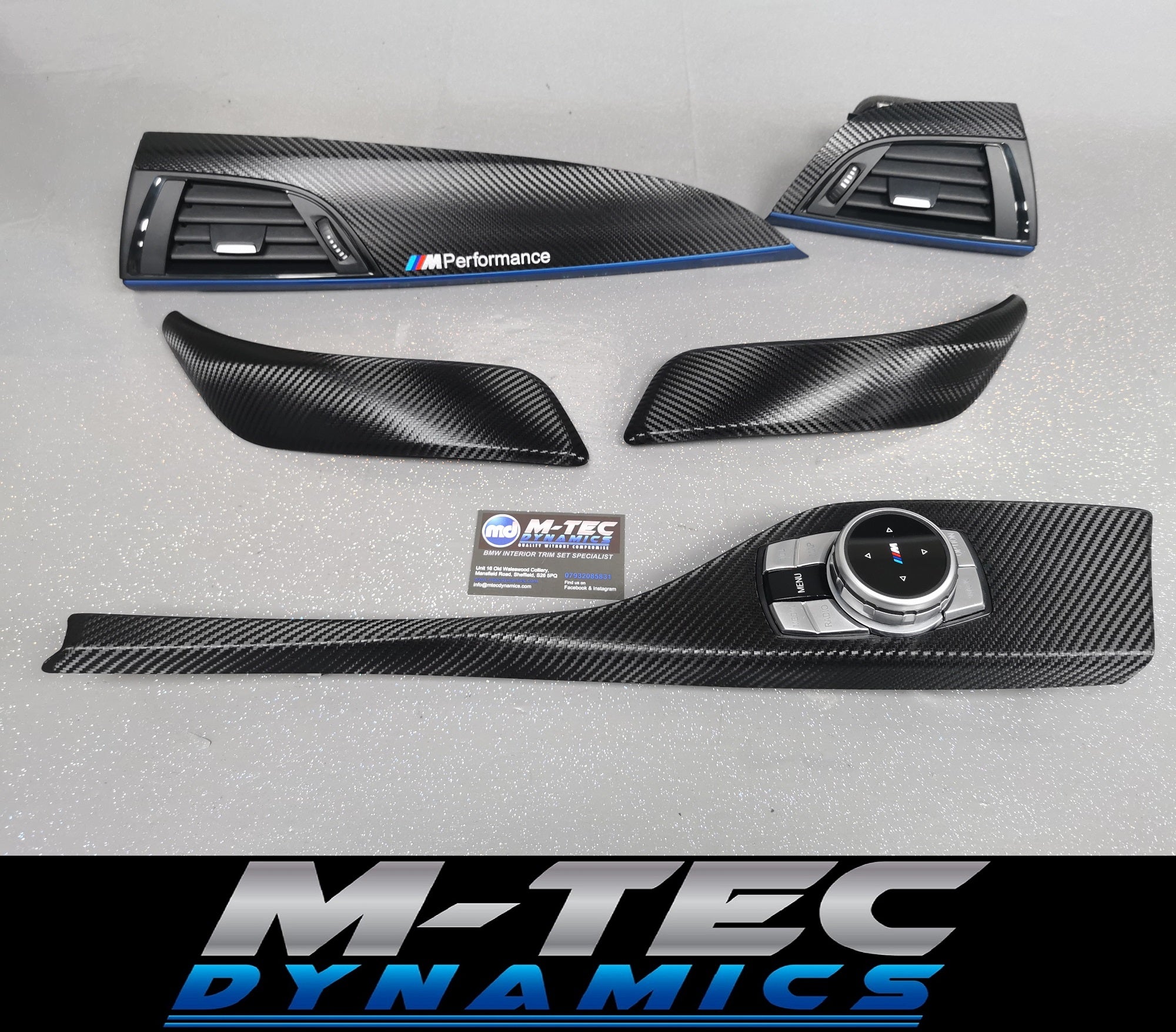 BMW F21 F22 INTERIOR TRIM SET - DEEP TEXTURED GLOSSY CARBON / BLUE ACCENT (MTD-TEX)