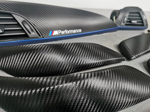 WRAPPING SERVICE - BMW F2X INTERIOR TRIM SET - DEEP TEXTURED GLOSSY CARBON / BLUE ACCENT (MTD-TEX) - F20 F21 F22 F23