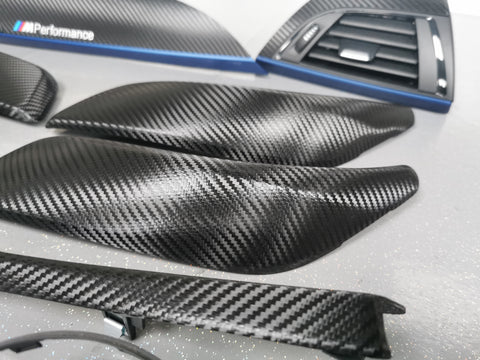 WRAPPING SERVICE - BMW F2X INTERIOR TRIM SET - DEEP TEXTURED GLOSSY CARBON / BLUE ACCENT (MTD-TEX) - F20 F21 F22 F23