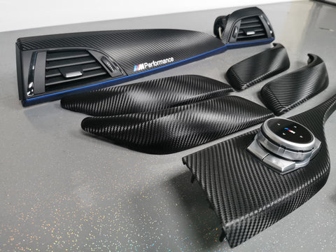 WRAPPING SERVICE - BMW F2X INTERIOR TRIM SET - DEEP TEXTURED GLOSSY CARBON / BLUE ACCENT (MTD-TEX) - F20 F21 F22 F23