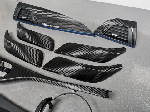 WRAPPING SERVICE - BMW F2X INTERIOR TRIM SET - DEEP TEXTURED GLOSSY CARBON / BLUE ACCENT (MTD-TEX) - F20 F21 F22 F23