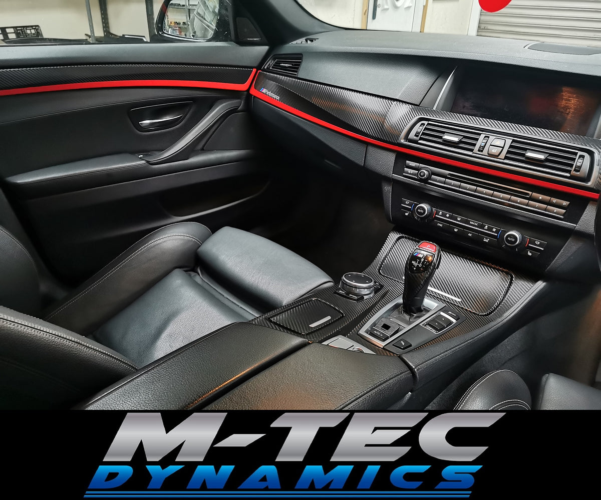 BMW F10 F11 AUTO INTERIOR TRIM SET - TEXTURED GLOSSY BLACK CARBON / RED ACCENT (MTD-TEX)