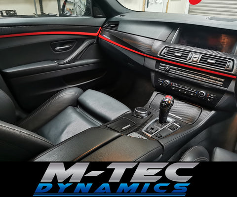 WRAPPING SERVICE - BMW F10 F11 INTERIOR TRIM SET - DEEP TEXTURED GLOSSY BLACK CARBON / CUSTOM COLOUR ACCENT TRIM