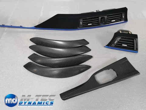 BMW F30 F31 F36 F80 M3 CUSTOM INTERIOR TRIM SET - 4D CARBON / ALCANTARA STYLE  / BLUE ACCENT