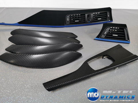 BMW F30 F31 F36 F80 M3 CUSTOM INTERIOR TRIM SET - 4D CARBON / ALCANTARA STYLE  / BLUE ACCENT