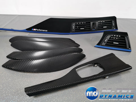 BMW F30 F31 F36 F80 M3 CUSTOM INTERIOR TRIM SET - 4D CARBON / ALCANTARA STYLE  / BLUE ACCENT