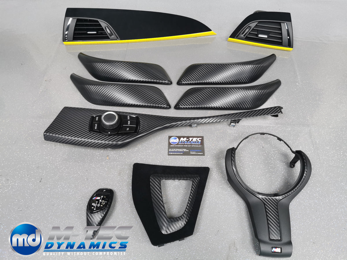 WRAPPING SERVICE - BMW F20 F21 F22 F23 CUSTOM INTERIOR TRIM SET - 3D CARBON / ALCANTARA / YELLOW ACCENT