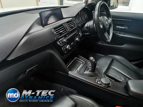 WRAPPING SERVICE - BMW F3X INTERIOR TRIM SET - DEEP TEXTURED GLOSSY CARBON (MTD-TEX) / GLOSS BLACK ACCENT & DOOR TRIMS - F30 F31 F32 F33 F36