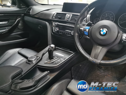 WRAPPING SERVICE - BMW F3X INTERIOR TRIM SET - DEEP TEXTURED GLOSSY CARBON (MTD-TEX) / GLOSS BLACK ACCENT & DOOR TRIMS - F30 F31 F32 F33 F36