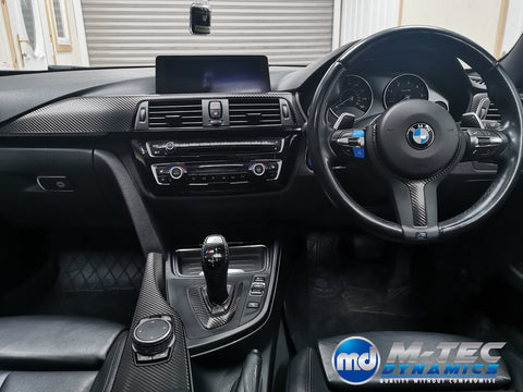 WRAPPING SERVICE - BMW F3X INTERIOR TRIM SET - DEEP TEXTURED GLOSSY CARBON (MTD-TEX) / GLOSS BLACK ACCENT & DOOR TRIMS - F30 F31 F32 F33 F36