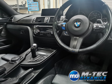 WRAPPING SERVICE - BMW F3X INTERIOR TRIM SET - DEEP TEXTURED GLOSSY CARBON (MTD-TEX) / GLOSS BLACK ACCENT & DOOR TRIMS - F30 F31 F32 F33 F36