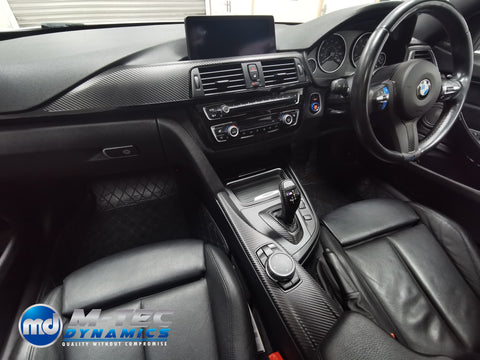 WRAPPING SERVICE - BMW F3X INTERIOR TRIM SET - DEEP TEXTURED GLOSSY CARBON (MTD-TEX) / GLOSS BLACK ACCENT & DOOR TRIMS - F30 F31 F32 F33 F36