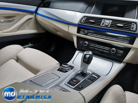 BMW F10 F11 M5 CUSTOM INTERIOR TRIM SET SERVICE - SILVER 4D CARBON / BLUE ACCENT