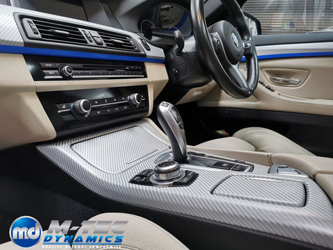 BMW F10 F11 M5 CUSTOM INTERIOR TRIM SET SERVICE - SILVER 4D CARBON / BLUE ACCENT