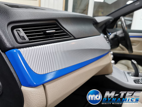 BMW F10 F11 M5 CUSTOM INTERIOR TRIM SET SERVICE - SILVER 4D CARBON / BLUE ACCENT