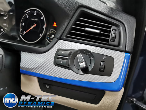 BMW F10 F11 M5 CUSTOM INTERIOR TRIM SET SERVICE - SILVER 4D CARBON / BLUE ACCENT