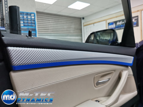 BMW F10 F11 M5 CUSTOM INTERIOR TRIM SET SERVICE - SILVER 4D CARBON / BLUE ACCENT