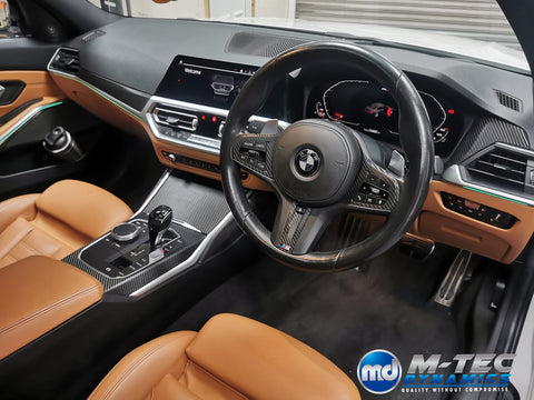 WRAPPING SERVICE - BMW G20 G21 INTERIOR TRIM SET INC. STEERING WHEEL TRIM - DEEP TEXTURED GLOSSY BLACK CARBON (MTD-TEX)