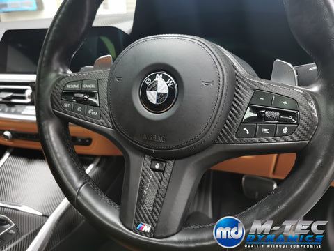 WRAPPING SERVICE - BMW G20 G21 INTERIOR TRIM SET INC. STEERING WHEEL TRIM - DEEP TEXTURED GLOSSY BLACK CARBON (MTD-TEX)