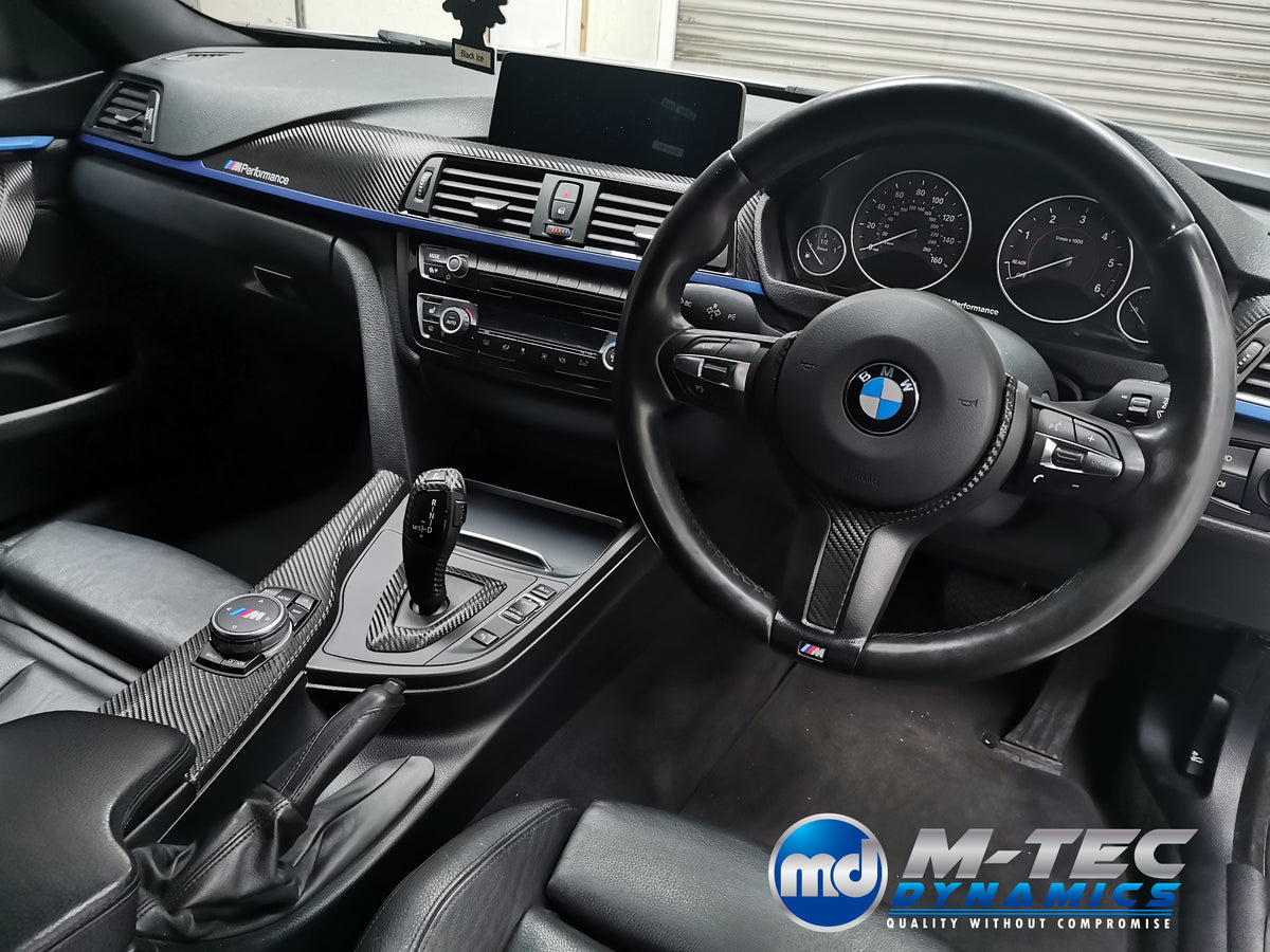 WRAPPING SERVICE - BMW F3X INTERIOR TRIM SET - TEXTURED CARBON / BLUE ACCENT - (F30 F31 F32 F33 F36)
