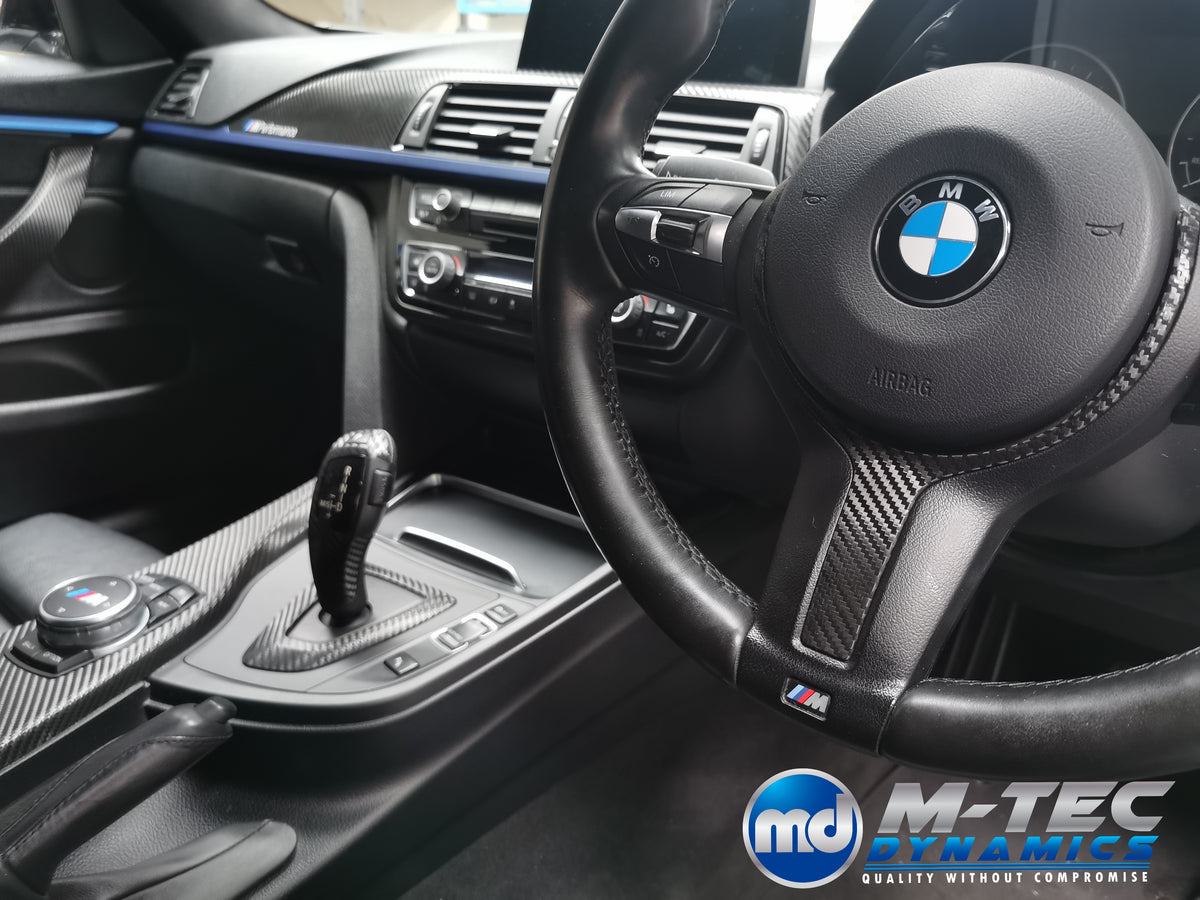 WRAPPING SERVICE - BMW F3X INTERIOR TRIM SET - TEXTURED CARBON / BLUE ACCENT - (F30 F31 F32 F33 F36)