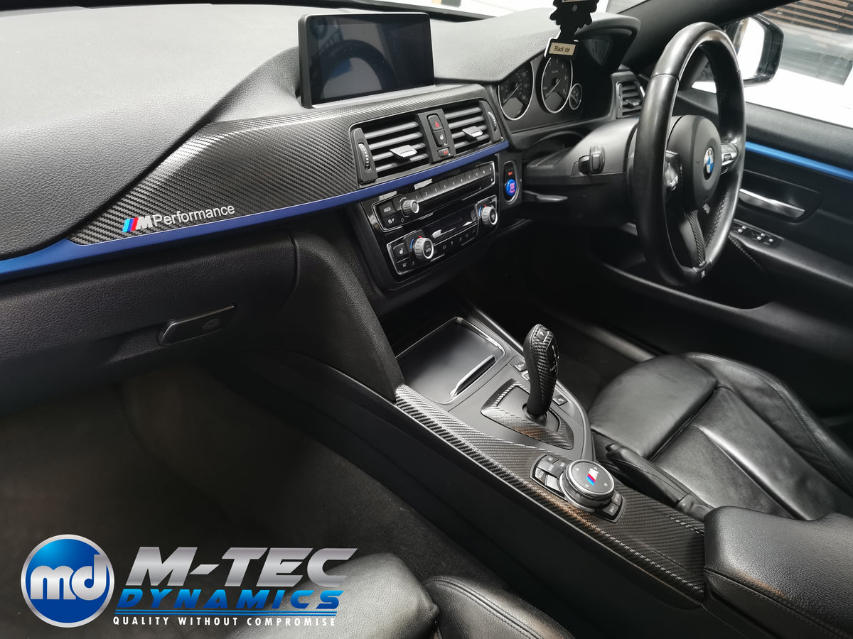 WRAPPING SERVICE - BMW F3X INTERIOR TRIM SET - TEXTURED CARBON / BLUE ACCENT - (F30 F31 F32 F33 F36)
