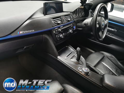 WRAPPING SERVICE - BMW F3X INTERIOR TRIM SET - DEEP TEXTURED GLOSSY CARBON / BLUE ACCENT (MTD-TEX) - F30 F31 F32 F33 F36