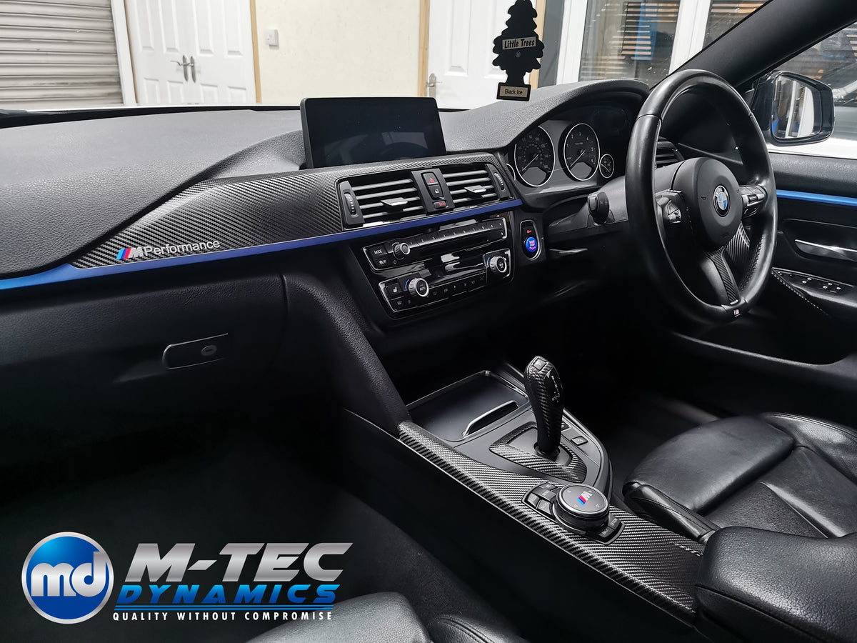WRAPPING SERVICE - BMW F3X INTERIOR TRIM SET - TEXTURED CARBON / BLUE ACCENT - (F30 F31 F32 F33 F36)