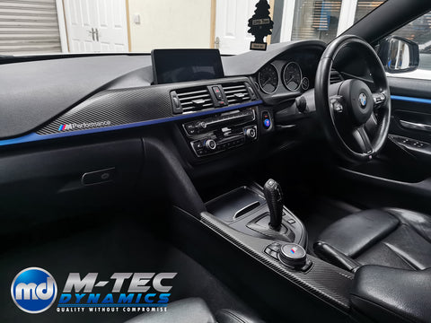 WRAPPING SERVICE - BMW F3X INTERIOR TRIM SET - DEEP TEXTURED GLOSSY CARBON / BLUE ACCENT (MTD-TEX) - F30 F31 F32 F33 F36