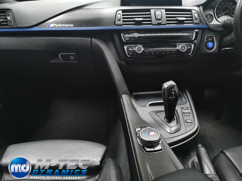 WRAPPING SERVICE - BMW F3X INTERIOR TRIM SET - DEEP TEXTURED GLOSSY CARBON / BLUE ACCENT (MTD-TEX) - F30 F31 F32 F33 F36